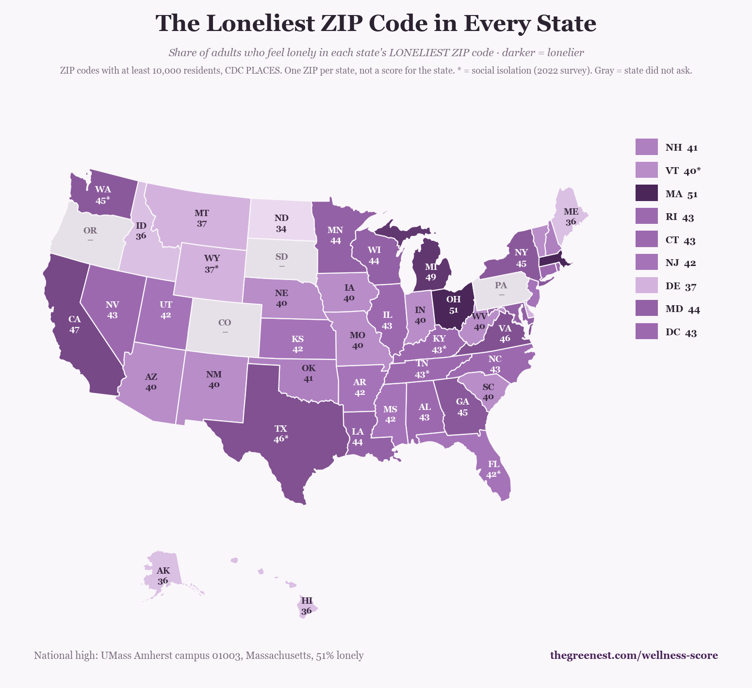 Map of the loneliest ZIP code in every state, shaded by the share of adults who report feeling lonely