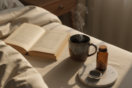 Cozy 3am bedside table with tea, book, and sleep tools