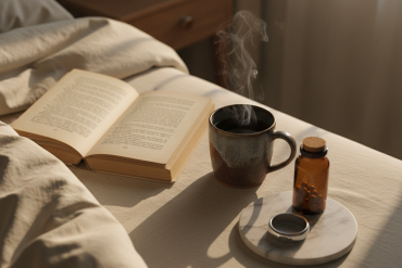 Cozy 3am bedside table with tea, book, and sleep tools