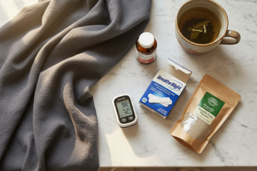 Affordable biohacks spread: pulse oximeter, nasal strips, magnesium, psyllium husk, walking shoes, tea