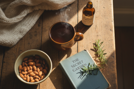 Calm morning kitchen scene with stress-reset essentials