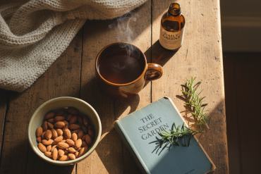 Calm morning kitchen scene with stress-reset essentials