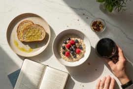 Simple longevity-focused breakfast with oatmeal, berries, coffee, toast with olive oil, nuts, and a journal