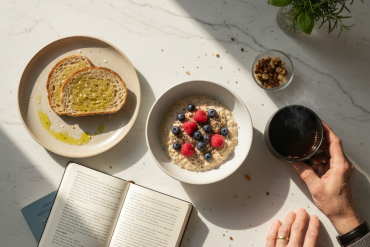Simple longevity-focused breakfast with oatmeal, berries, coffee, toast with olive oil, nuts, and a journal