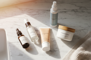 Five-product longevity skincare routine: sunscreen, retinol, vitamin C, niacinamide, moisturizer on marble counter
