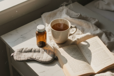 Nightstand at dawn with magnesium supplement, chamomile tea, eye mask, and a book — The Sleep Stack