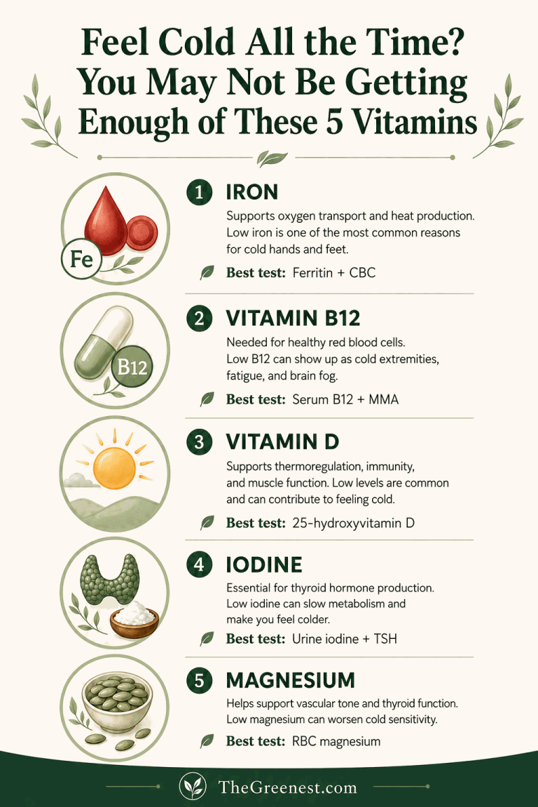 Feel Cold All the Time? You May Not Be Getting Enough of These 5 Vitamins — infographic summarizing iron, B12, vitamin D, iodine, and magnesium.