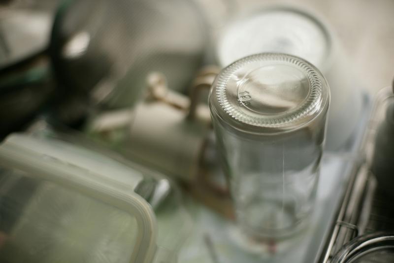 Glass food storage containers neatly arranged in a kitchen