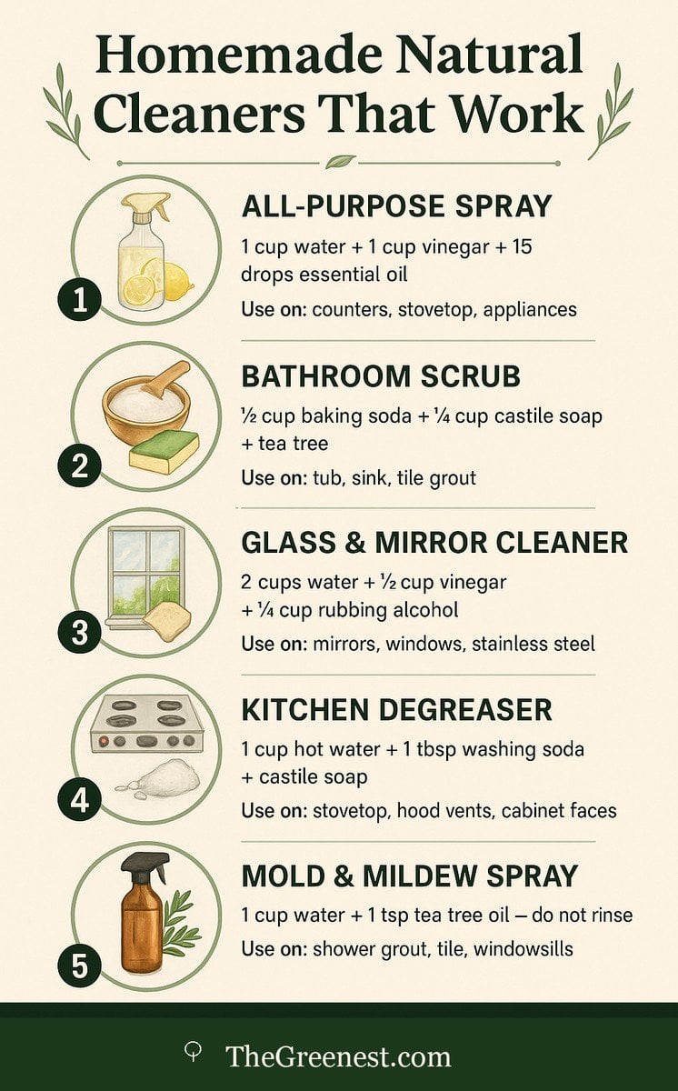 Homemade natural cleaners infographic — 5 DIY recipes including all-purpose spray, bathroom scrub, glass cleaner, kitchen degreaser, and mold spray