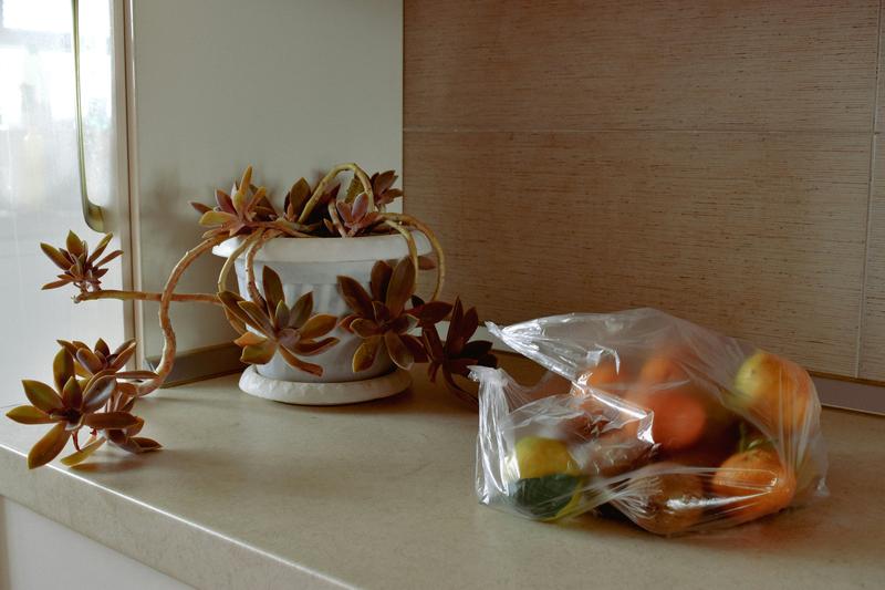 Reusable silicone bags with food in a kitchen