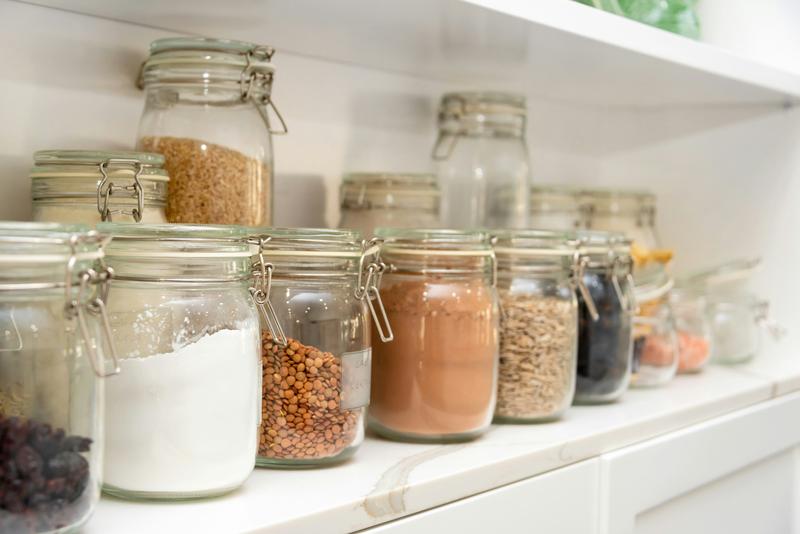 Sustainable zero-waste kitchen with reusable storage containers