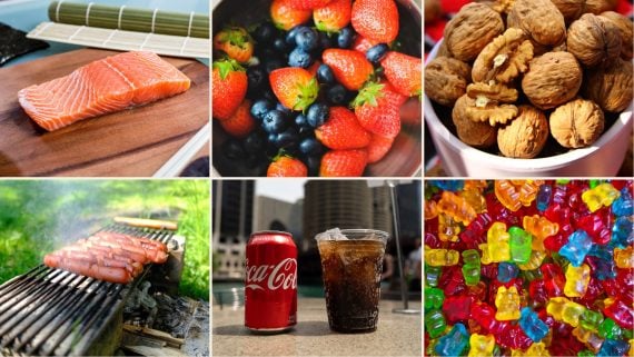 Collage of salmon, berries and walnuts above grilled hot dogs, cola and gummy bears