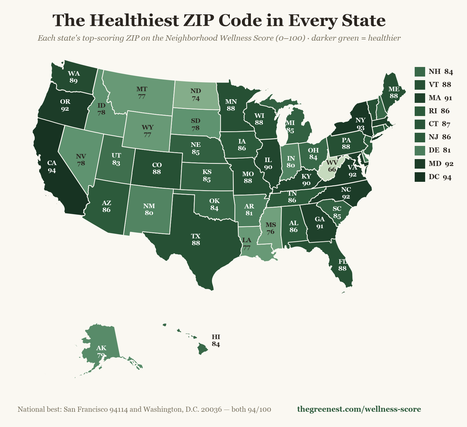 Choropleth map: the healthiest ZIP code score in every U.S. state, darker green meaning healthier
