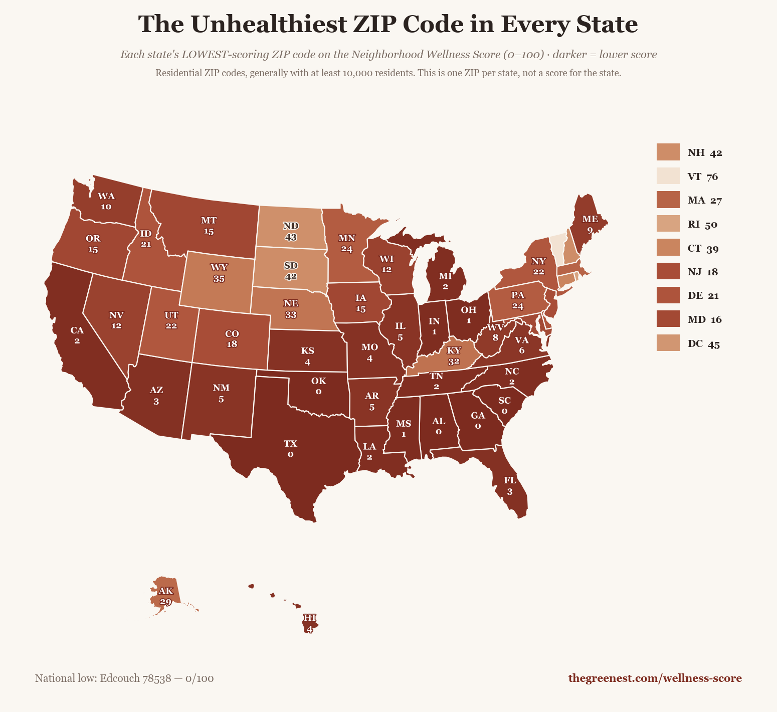 Map of the unhealthiest ZIP code in every state on the merged Neighborhood Wellness Score