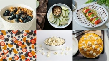 Collage of yogurt with blueberries, apple slices with peanut butter and a caprese plate above frozen yogurt bark, popcorn and cottage cheese with pineapple