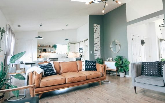 A bright open-plan living room with a leather sofa, houseplants and a kitchen beyond