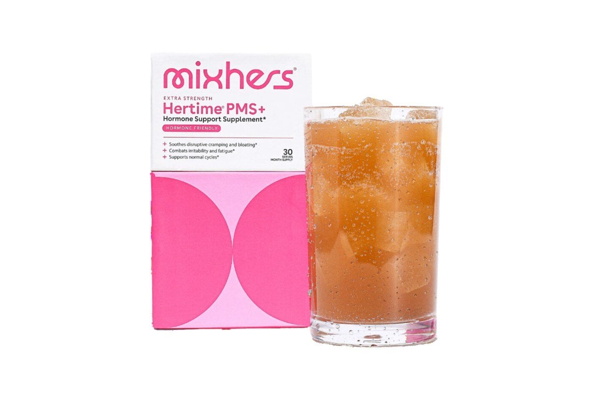 Mixhers Hertime PMS+ box next to a prepared drink