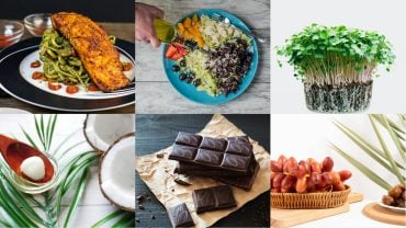 Collage of grilled salmon, olive oil on a salad and broccoli sprouts above coconut oil, dark chocolate and dates