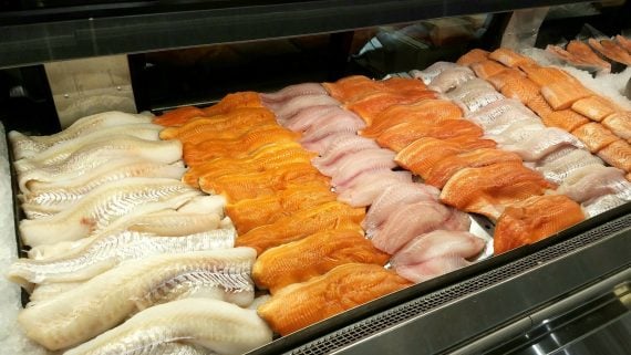 Rows of white fish and salmon fillets laid out in a lit seafood display case