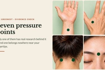 Four of the seven pressure points marked on the forearm, hand, neck and forehead